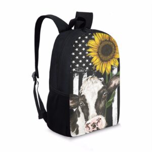 Biyejit Sunflower Cow with American Flag Design Backpack for Kids School Book Bags Girls Rucksack Lightweight Bookbags