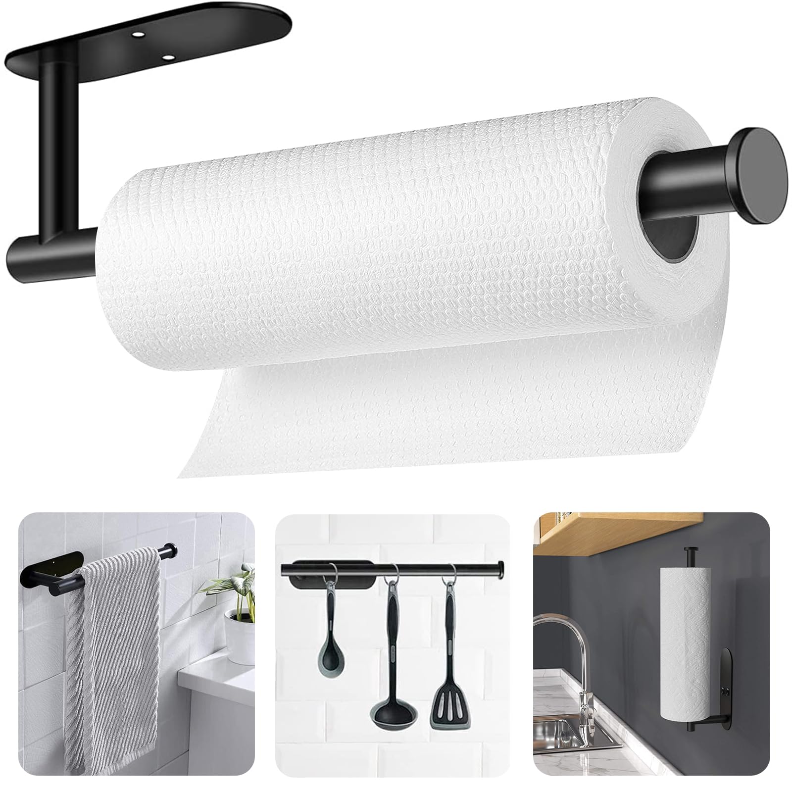 Searik Paper Towel Holder Under Cabinet Black Adhesive Paper Towel Holder Wall Mount Stainless Steel Hanging Paper Towel Roll Holder for Kitchen Bathroom Farmhouse Countertop