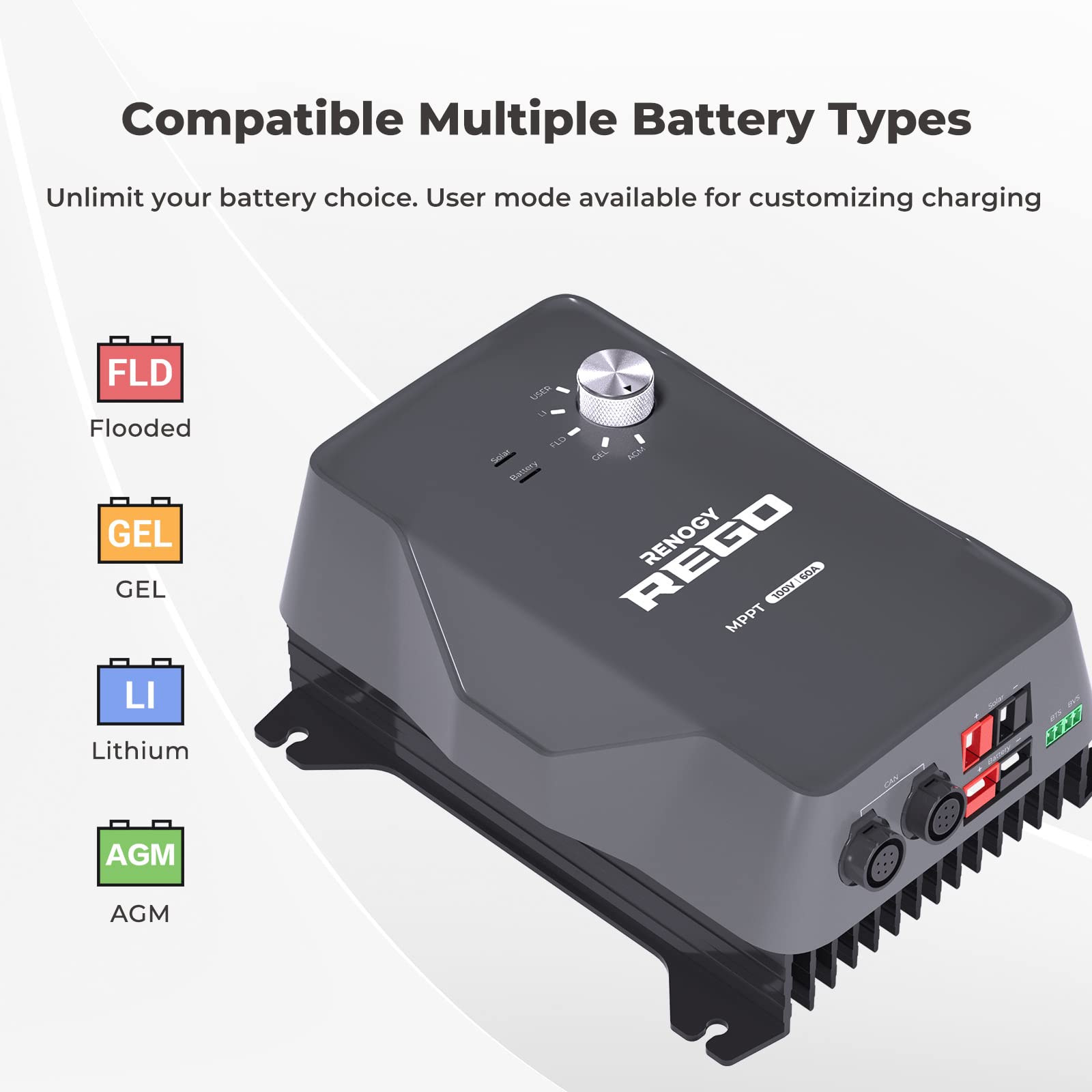 Renogy REGO 60A 12V DC Input MPPT Plug & Play Solar Charge Controller Built-in Bluetooth Module and Battery Protect Unit Compact Slight Design fit for AGM, FLD, Gel, and Lithium Batteries, REGO 60A