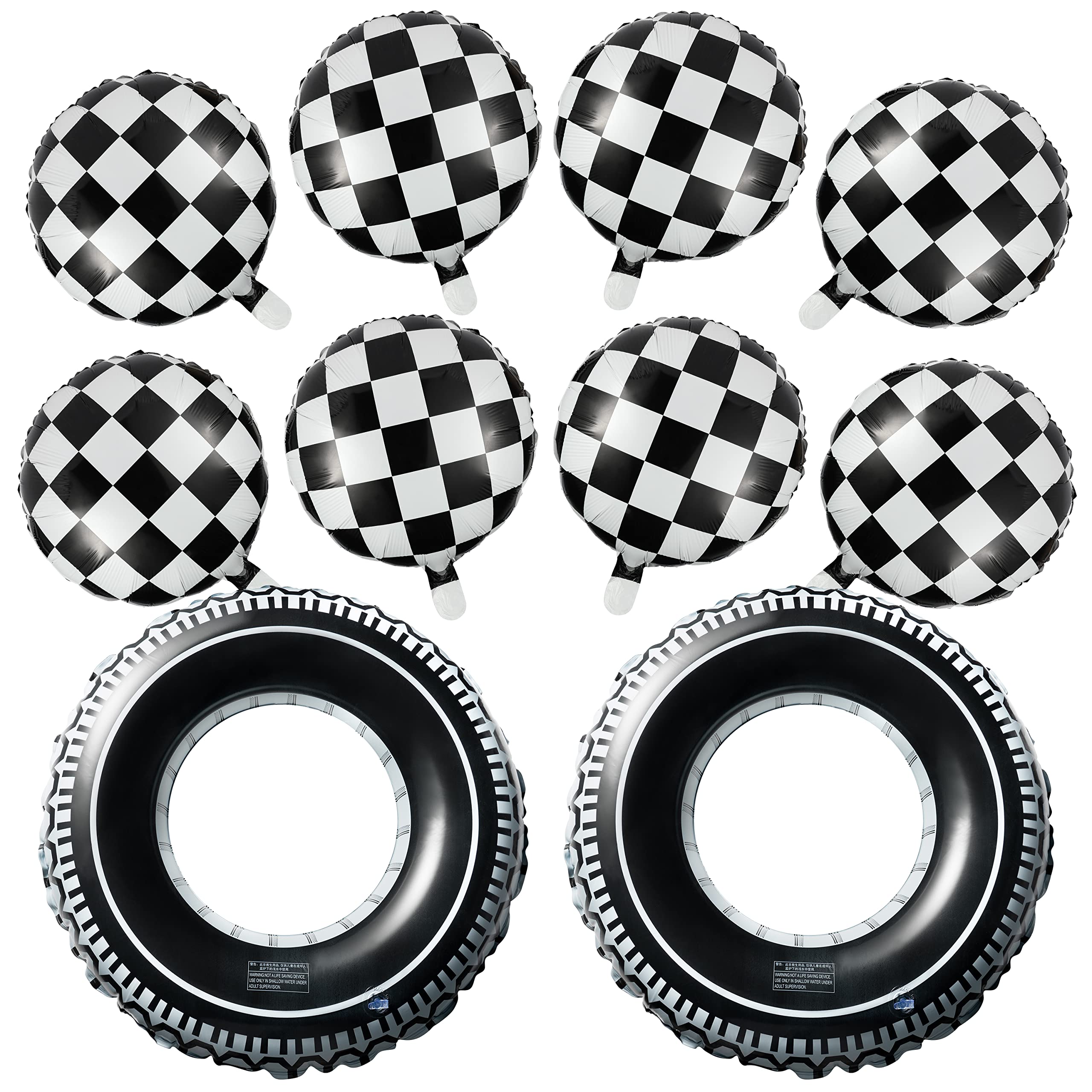 10Pcs Car Party Decoration Inflatable Tires Balloons Favors All-in-One Pack Party Supplies Include Balloon,Tire Swimming Ring,Ribbon Decorations Birthday Fit for Boys Birthday Gift