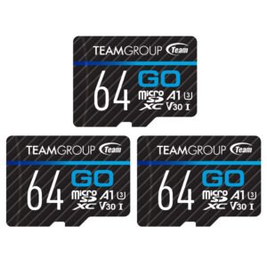 teamgroup go card 64gb x 3 pack micro sdxc uhs-i u3 v30 4k for gopro & drone & action cameras high speed flash memory card with adapter for outdoor sports, 4k shooting, nintendo-switch tgusdx64gu362