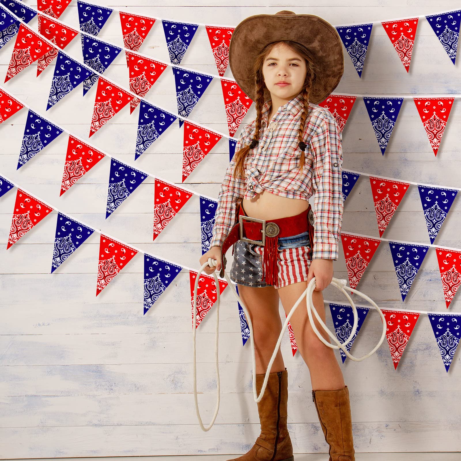 6 Pack Western Cowboy Party Decorations Bandana Pennant Banner Christmas Wild West Party Decorations Rodeo Decorations Red and Blue Country Decorations for Cowboy Themed Party Decoration, 9.8 Feet