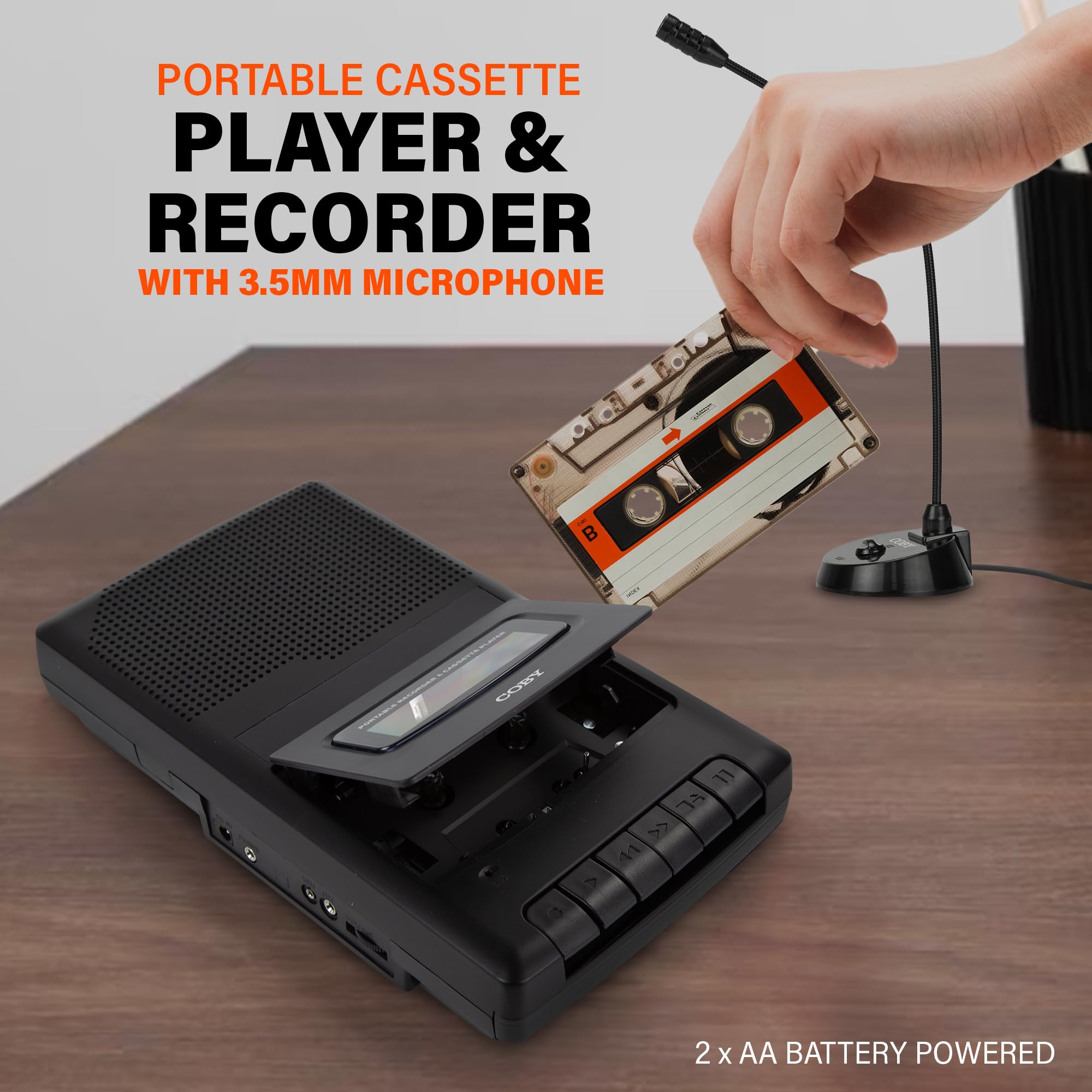 Coby Portable Cassette Player & Tape Cassette Recorder with Built-in Microphone & One-Touch Recording with Automatic Stop, External Boom Mic (CVR42BK)