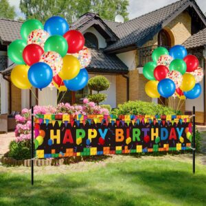 building block banner decorations kit large fabric brick theme birthday banner backdrop yard sign with 38 pcs colorful balloons for building blocks birthday baby shower (black base,82.7 x 15.7 inch)