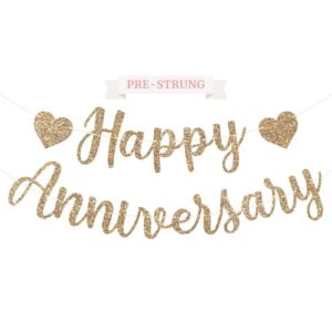 pre-strung happy anniversary banner - no diy - gold glitter wedding anniversary party banner in script - pre-strung garland on 6 ft strands - anniversary decorations & decor. did we mention no diy?