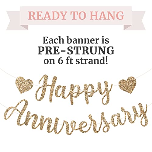 Pre-Strung Happy Anniversary Banner - NO DIY - Gold Glitter Wedding Anniversary Party Banner in Script - Pre-Strung Garland on 6 ft Strands - Anniversary Decorations & Decor. Did we Mention no DIY?