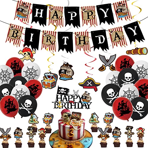 Birthday Decorations - Pirate Party Decorations GOGOPARTY Pirate Birthday Decorations for Men, Boys, Kids, Him, Happy Birthday Banner Balloons Cake Toppers Hanging Swirls Pirate Themed Party Supplies