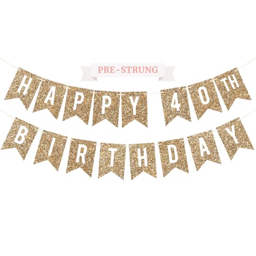 Pre-Strung Happy 40th Birthday Banner - NO DIY - Gold Glitter 40th Birthday Party Banner - Pre-Strung Garland on 6 ft Strands - Gold Birthday Party Decorations & Decor. Did we mention no DIY?