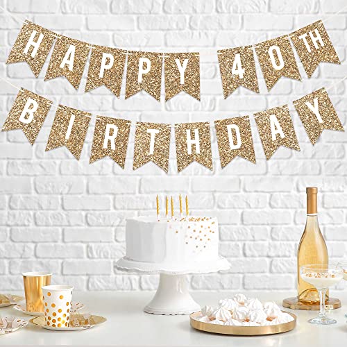 Pre-Strung Happy 40th Birthday Banner - NO DIY - Gold Glitter 40th Birthday Party Banner - Pre-Strung Garland on 6 ft Strands - Gold Birthday Party Decorations & Decor. Did we mention no DIY?