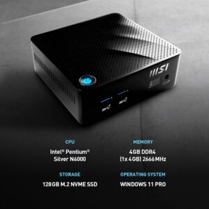 MSI Cubi N Mini PC: Intel Pentium Silver N6000, 4GB DDR4 (1x4GB) 2666MHz, 128GB SSD, WiFi 6, BT 5.2, Energy Efficient, Black, Windows 11 Pro: JSL-078US