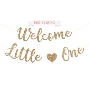 pre-strung welcome little one banner - no diy - gold glitter baby shower gender reveal party banner in script - pre-strung garland on 6 ft strand - neutral decorations & decor. did we mention no diy?
