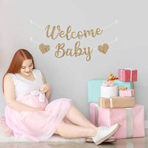Pre-Strung Welcome Baby Banner - NO DIY - Gold Glitter Baby Shower Gender Reveal Party Banner in Script - Pre-Strung Garland on 6 ft Strand - Neutral Party Decorations & Decor. Did we mention no DIY?