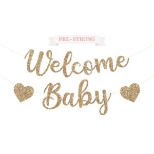 pre-strung welcome baby banner - no diy - gold glitter baby shower gender reveal party banner in script - pre-strung garland on 6 ft strand - neutral party decorations & decor. did we mention no diy?