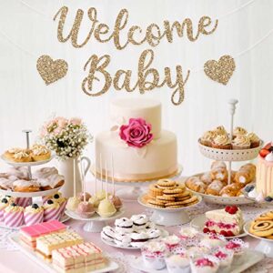 Pre-Strung Welcome Baby Banner - NO DIY - Gold Glitter Baby Shower Gender Reveal Party Banner in Script - Pre-Strung Garland on 6 ft Strand - Neutral Party Decorations & Decor. Did we mention no DIY?