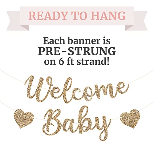 Pre-Strung Welcome Baby Banner - NO DIY - Gold Glitter Baby Shower Gender Reveal Party Banner in Script - Pre-Strung Garland on 6 ft Strand - Neutral Party Decorations & Decor. Did we mention no DIY?