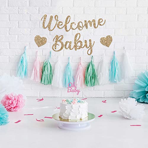 Pre-Strung Welcome Baby Banner - NO DIY - Gold Glitter Baby Shower Gender Reveal Party Banner in Script - Pre-Strung Garland on 6 ft Strand - Neutral Party Decorations & Decor. Did we mention no DIY?