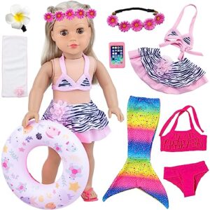 unicorn element 11 pcs 18 inch girl doll clothes and accessories set including colorful mermaid swimsuits, mobile phone, hairpin, swimming circle randomly send a bag or not.