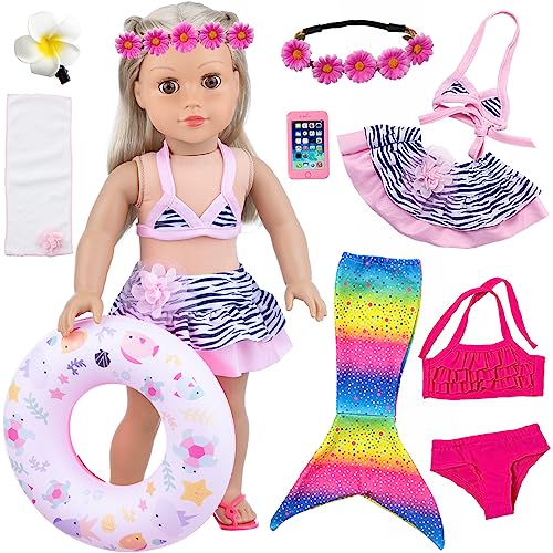 UNICORN ELEMENT 11 Pcs 18 Inch Girl Doll Clothes and Accessories Set Including Colorful Mermaid Swimsuits, Mobile Phone, Hairpin, Swimming Circle Randomly Send a Bag or Not.