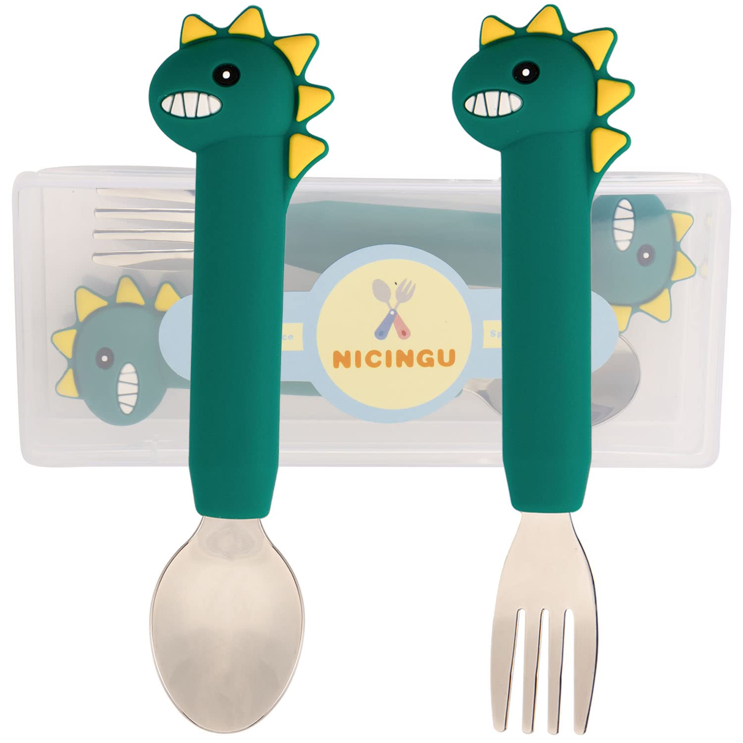 NICINGU Baby Dinosaur Spoons Fork Sets,Kids Silverware with Silicone Handle,Toddler Utensils