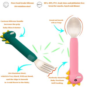 NICINGU Baby Dinosaur Spoons Fork Sets,Kids Silverware with Silicone Handle,Toddler Utensils