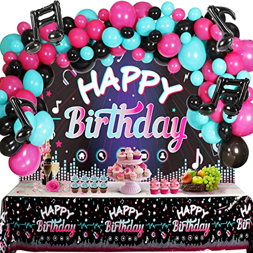 OurWarm 130 Pcs Tik Tok Birthday Party Decorations, Music Happy Birthday Decorations, Tiktok Party Theme Party Supplies Includes Happy Birthday Banner, Balloons Arch, Tablecloth for Birthday Decor