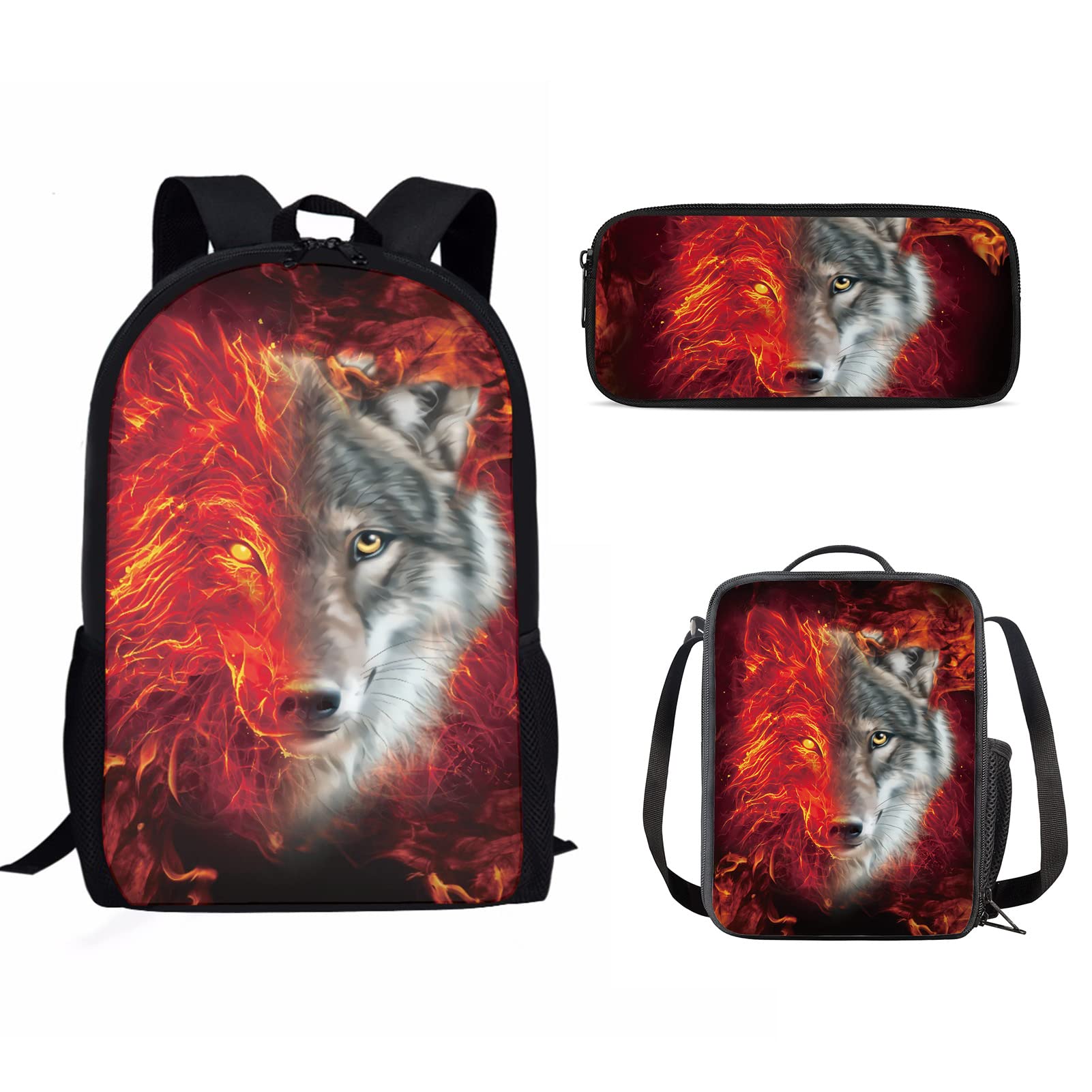 AFPANQZ Teenagers Backpack Set Wolf School Bags Rucksack Insulated Thermal Lunch Boxes Tote Bag with Side Bottle Pocket Small Pencil Case for Teen Boys 3 Pack