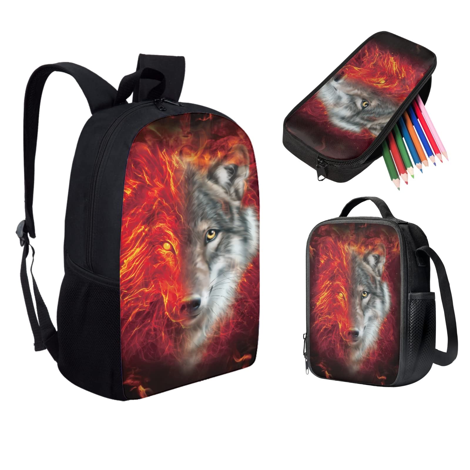 AFPANQZ Teenagers Backpack Set Wolf School Bags Rucksack Insulated Thermal Lunch Boxes Tote Bag with Side Bottle Pocket Small Pencil Case for Teen Boys 3 Pack