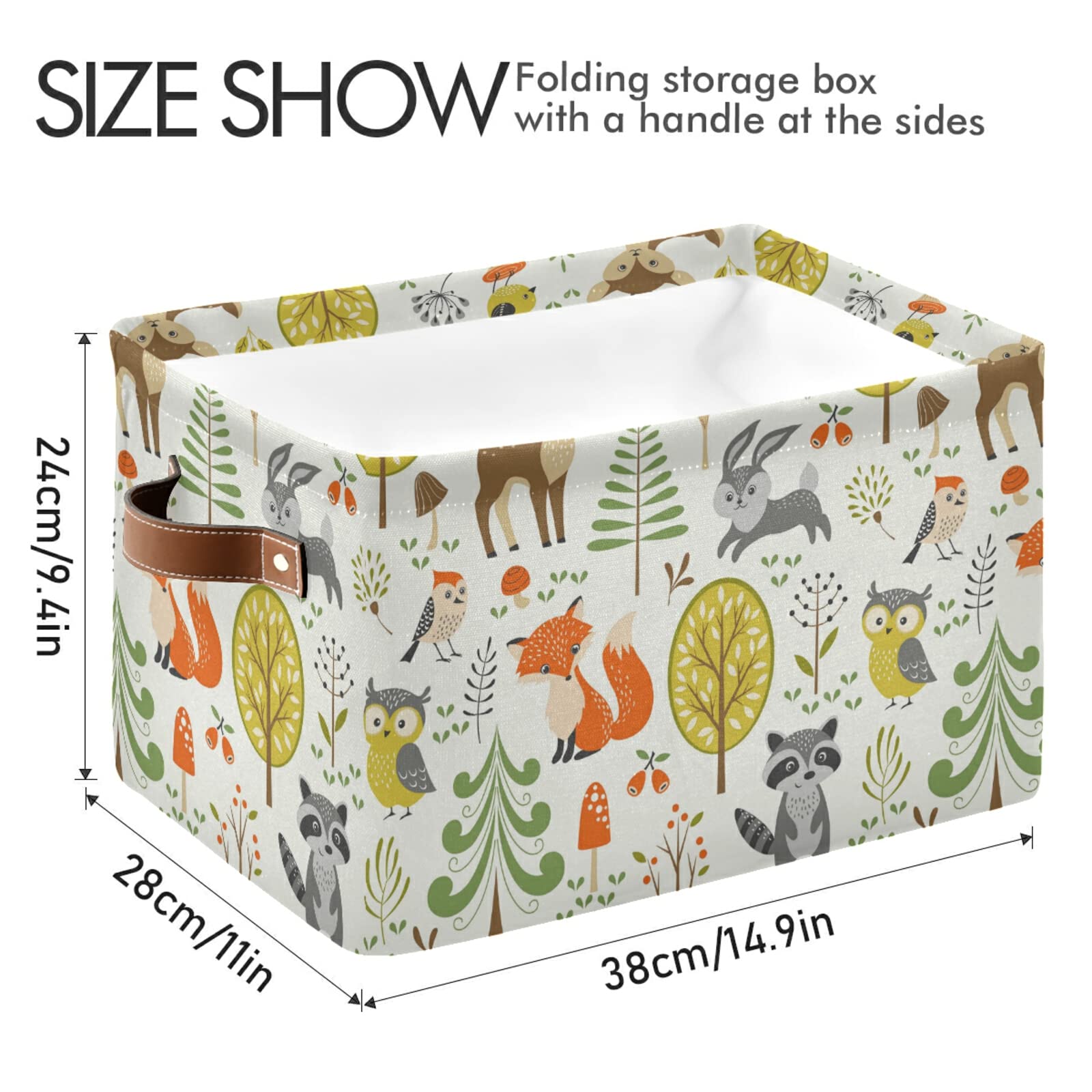 Foldable Storage Basket, Cube Organizer Bins Cute Woodland Animals Trees Mushrooms and Berries Cube Bag Dual Handles for Closet Shelf