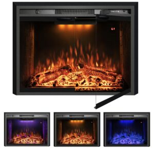 velaychimney 30 inches electric fireplace insert, 750w/1500w fireplace heater with adjustable flame and top light colors, fire crackling sound, remote control, timer, glass door & mesh screen, black