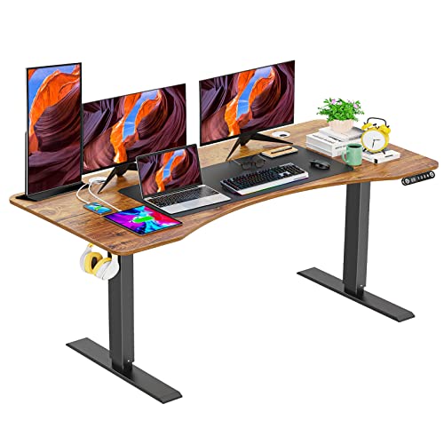 farexon Electric Height Adjustable 59 x 24 inch Standing Desk, Sit Stand Desk with Ergonomic Curved Workstation, Four Preset Heights, 27''-45'' Lifting Range Stand up Desk(Brown)