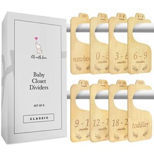 baby closet dividers (classic) by eli with love - 8 premium wood double sided baby closet size dividers - ideal baby clothes dividers for closet – organize nursery closet hangers by size/age