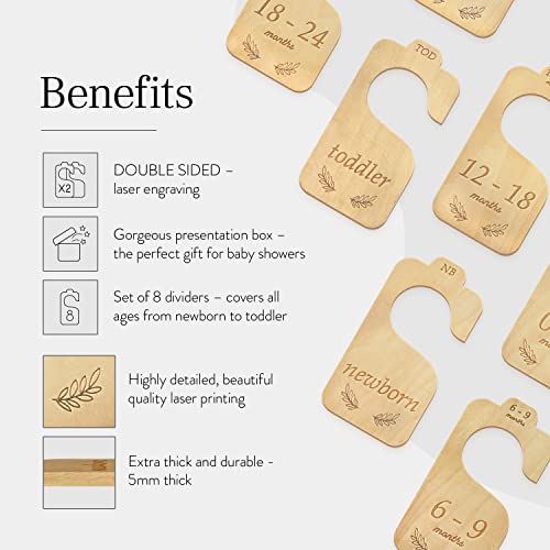 Baby Closet Dividers (Classic) by Eli with Love - 8 Premium Wood Double Sided Baby Closet Size Dividers - Ideal Baby Clothes Dividers for Closet – Organize Nursery Closet Hangers by Size/Age