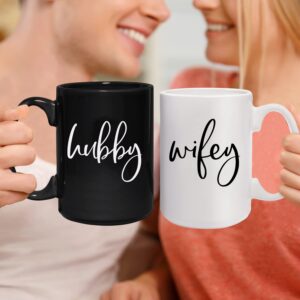 Canopy Street Wifey And Hubby Matching Mugs/Two Jumbo 15 Ounce White And Black Ceramic Mugs/Funny Husband And Wife Coffee Cup Set/Black And White Wedding Present Mug Set.
