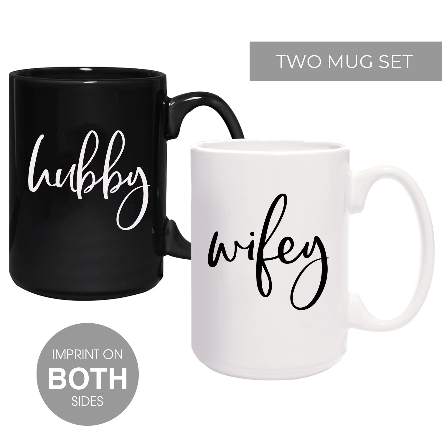 Canopy Street Wifey And Hubby Matching Mugs/Two Jumbo 15 Ounce White And Black Ceramic Mugs/Funny Husband And Wife Coffee Cup Set/Black And White Wedding Present Mug Set.