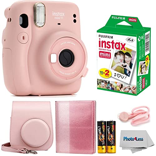 Fujifilm Instax Mini 11 Instant Camera Blush Pink Bundle with Instax Mini Twin Pack Film + Glitter Photo Album Holds 64 Photos + Groovy Case + Cloth (5 Items)