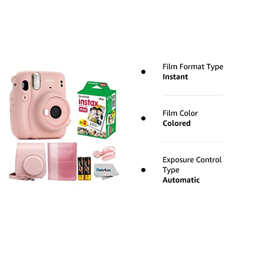 Fujifilm Instax Mini 11 Instant Camera Blush Pink Bundle with Instax Mini Twin Pack Film + Glitter Photo Album Holds 64 Photos + Groovy Case + Cloth (5 Items)