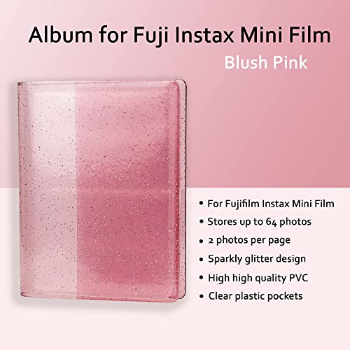 Fujifilm Instax Mini 11 Instant Camera Blush Pink Bundle with Instax Mini Twin Pack Film + Glitter Photo Album Holds 64 Photos + Groovy Case + Cloth (5 Items)