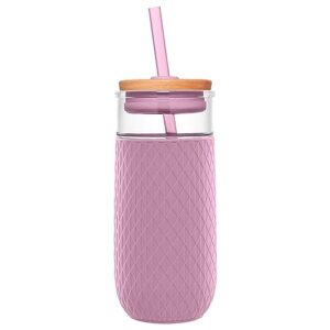 ello devon 18oz glass tumbler with straw, friction fit bamboo wood lid and silicone sleeve | perfect for iced coffee, tea, and smoothies | mauve