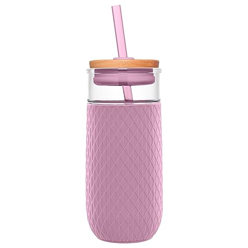 Ello Devon 18oz Glass Tumbler with Straw, Friction Fit Bamboo Wood Lid and Silicone Sleeve | Perfect for Iced Coffee, Tea, and Smoothies | Mauve