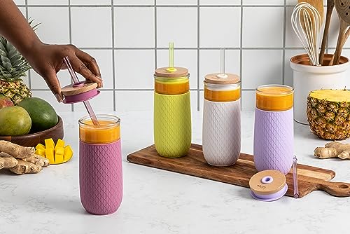 Ello Devon 18oz Glass Tumbler with Straw, Friction Fit Bamboo Wood Lid and Silicone Sleeve | Perfect for Iced Coffee, Tea, and Smoothies | Mauve