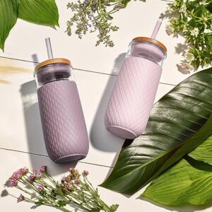 Ello Devon 18oz Glass Tumbler with Straw, Friction Fit Bamboo Wood Lid and Silicone Sleeve | Perfect for Iced Coffee, Tea, and Smoothies | Mauve