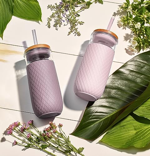 Ello Devon 18oz Glass Tumbler with Straw, Friction Fit Bamboo Wood Lid and Silicone Sleeve | Perfect for Iced Coffee, Tea, and Smoothies | Mauve