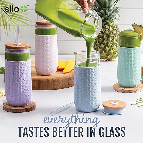 Ello Devon 18oz Glass Tumbler with Straw, Friction Fit Bamboo Wood Lid and Silicone Sleeve | Perfect for Iced Coffee, Tea, and Smoothies | Mauve