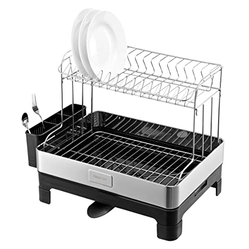 happimess DSH1004A Simple 20.75' Fingerprint-Proof Stainless Steel 2-Tier Dish Drying Rack, Dish Rack with Swivel Spout Tray, Utensil Holder, Stainless Steel/Black, Silver/Black