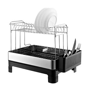 happimess DSH1004A Simple 20.75' Fingerprint-Proof Stainless Steel 2-Tier Dish Drying Rack, Dish Rack with Swivel Spout Tray, Utensil Holder, Stainless Steel/Black, Silver/Black