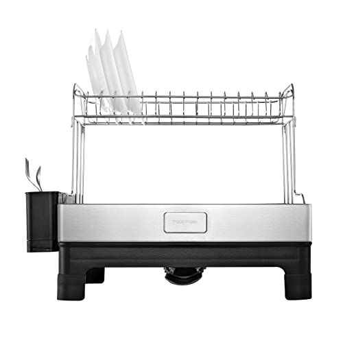 happimess DSH1004A Simple 20.75' Fingerprint-Proof Stainless Steel 2-Tier Dish Drying Rack, Dish Rack with Swivel Spout Tray, Utensil Holder, Stainless Steel/Black, Silver/Black