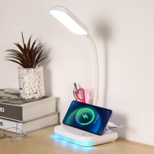 celyst led rechargeable desk lamp, 5-in-1 small desk lamp with usb charging port, pen holder, night light, portable desk light for home office student children kids college dorm (white)