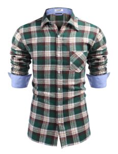 tinkwell mens cotton button down shirts long sleeve plaid dress shirts regular fit m green white