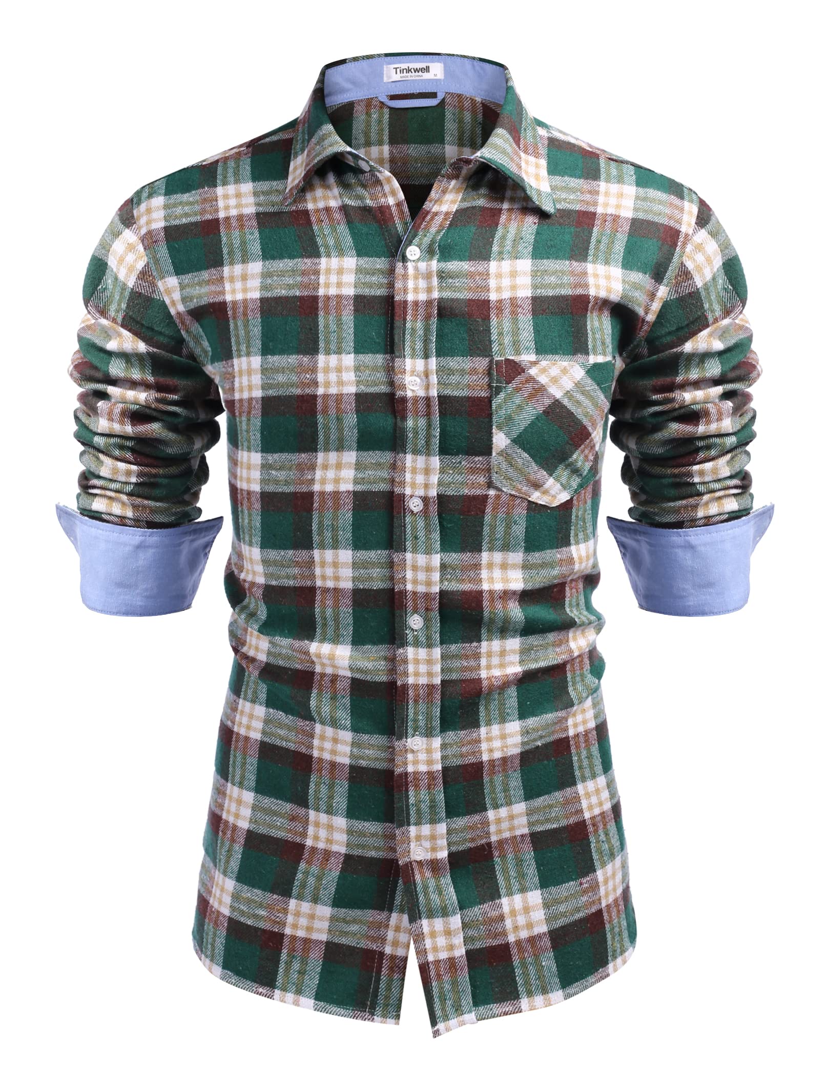 Tinkwell Mens Cotton Button Down Shirts Long Sleeve Plaid Dress Shirts Regular Fit M Green White