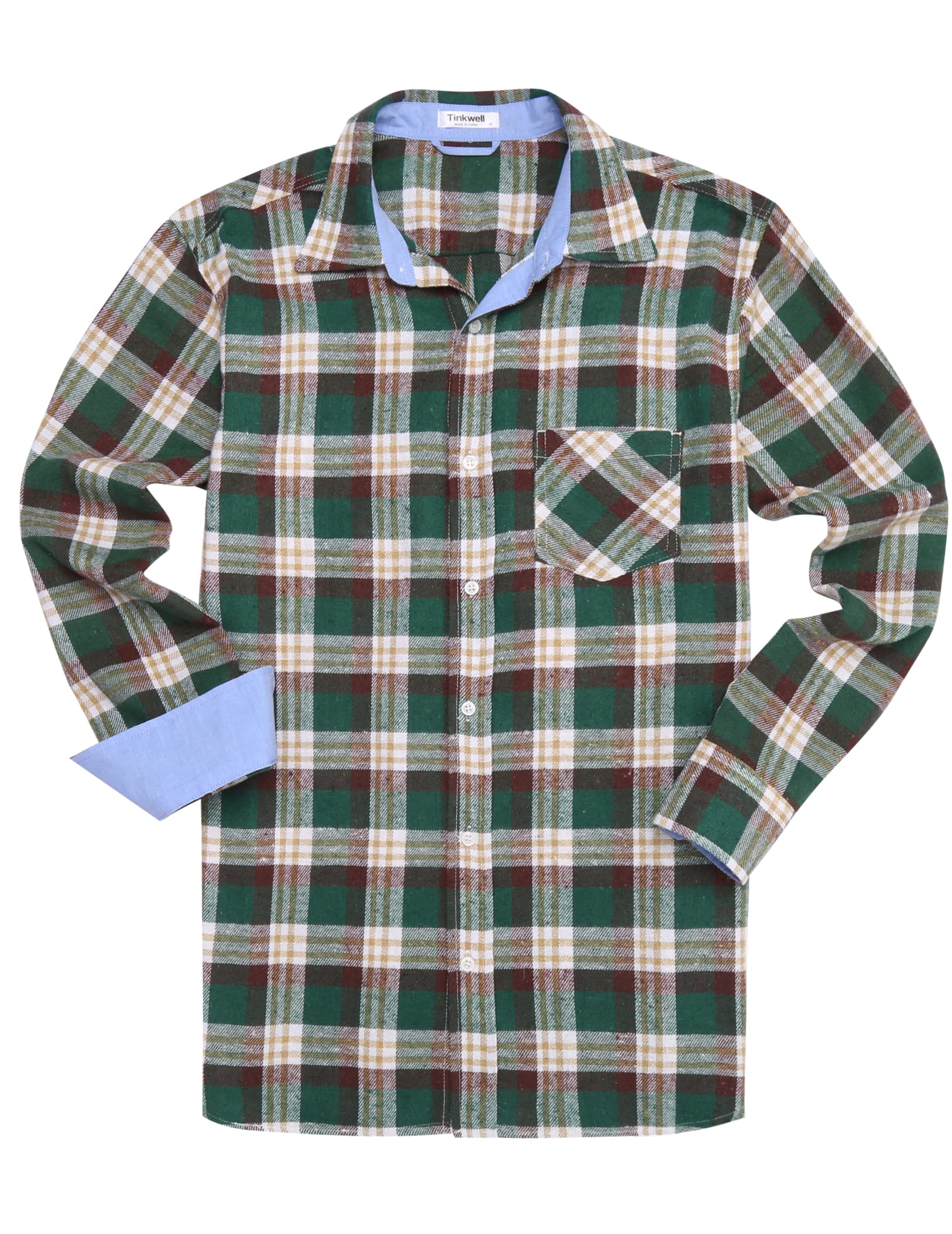 Tinkwell Mens Cotton Button Down Shirts Long Sleeve Plaid Dress Shirts Regular Fit M Green White